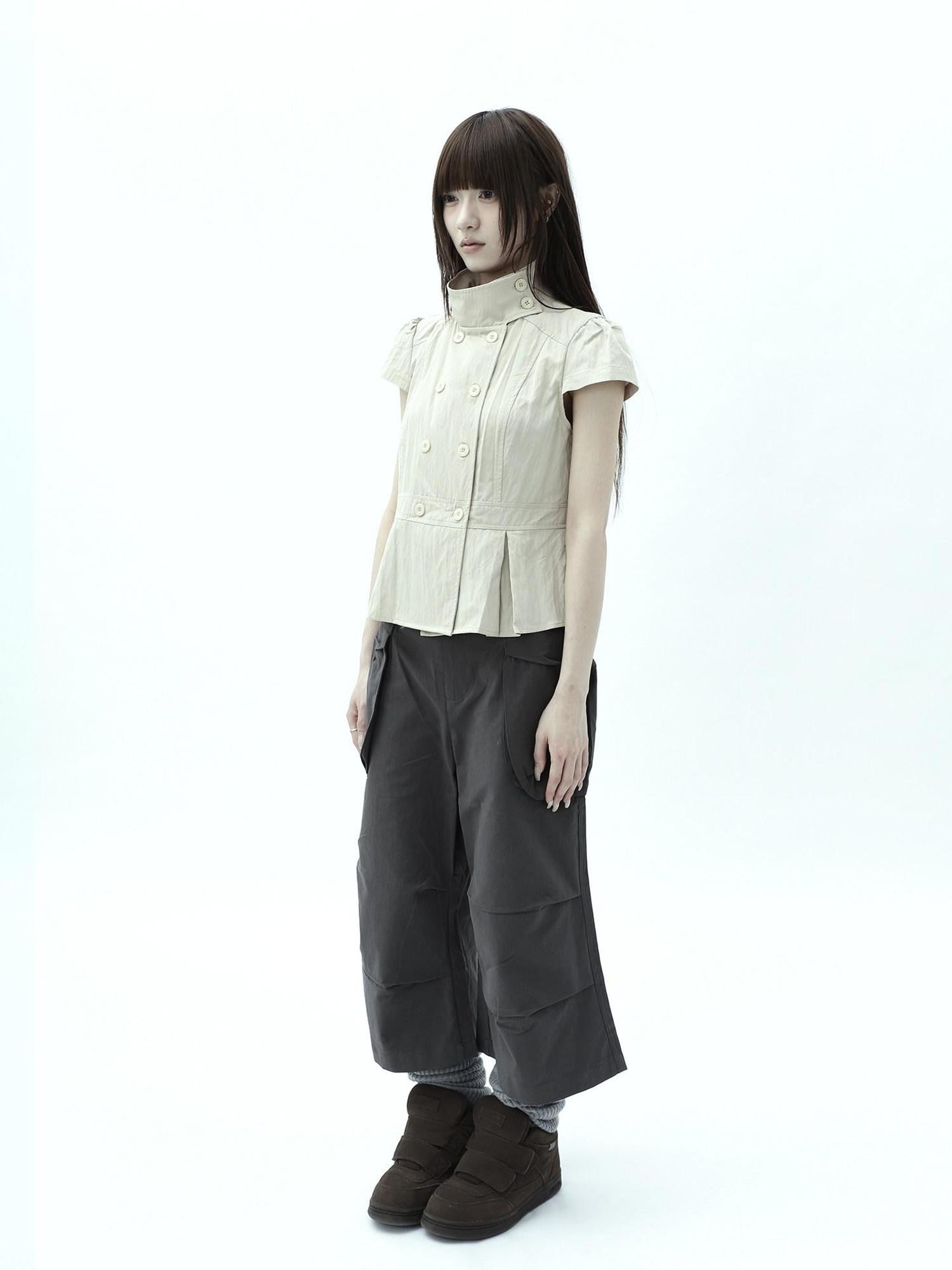 ang project Light Khaki Pleated Stand Collar Double Button Women&