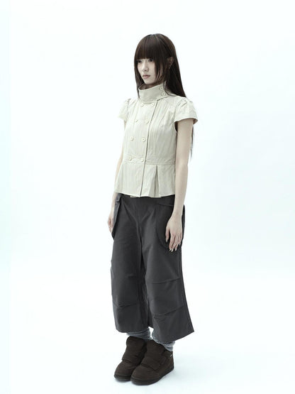ang project Light Khaki Pleated Stand Collar Double Button Women&