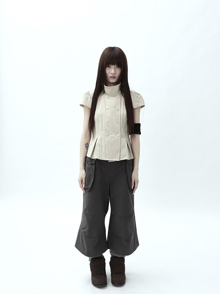 ang project Light Khaki Pleated Stand Collar Double Button Women&