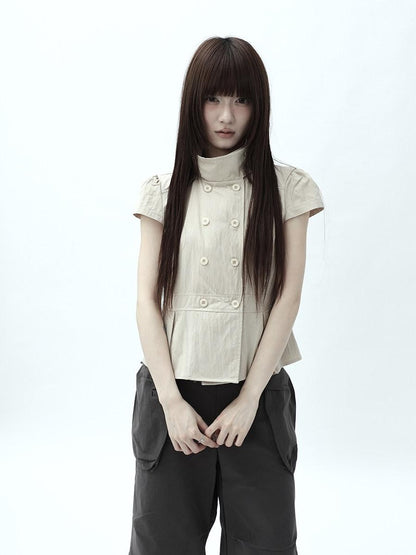 ang project Light Khaki Pleated Stand Collar Double Button Women&