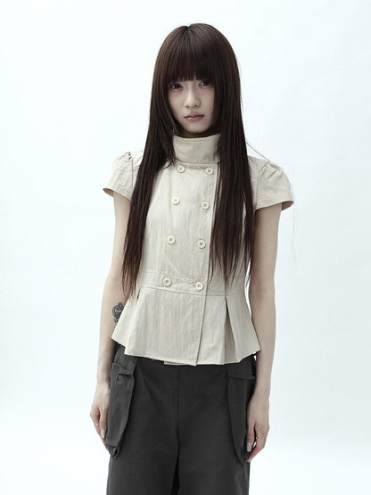 ang project Light Khaki Pleated Stand Collar Double Button Women&