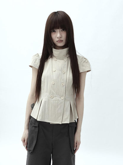 ang project Light Khaki Pleated Stand Collar Double Button Women&