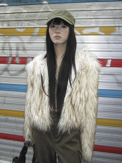 Light Winter Eco Fur Coat Women Color Block Design