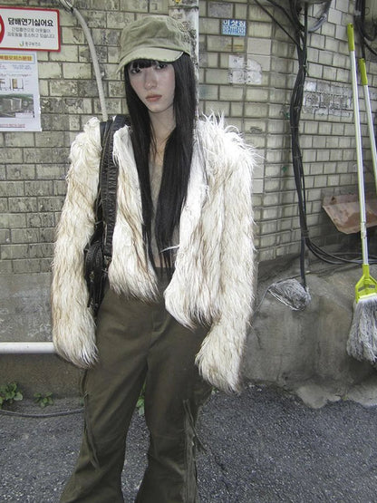 Light Winter Eco Fur Coat Women Color Block Design