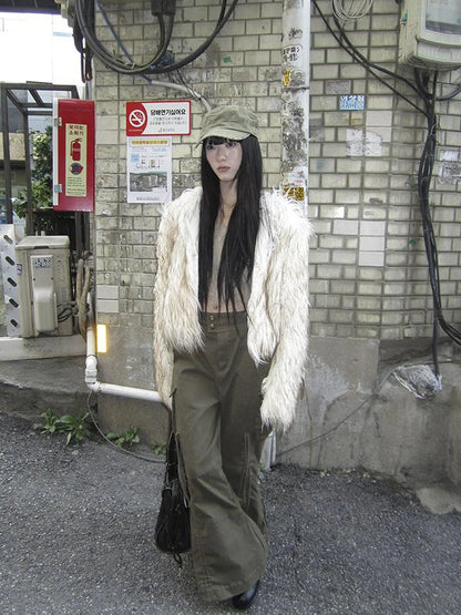 Light Winter Eco Fur Coat Women Color Block Design