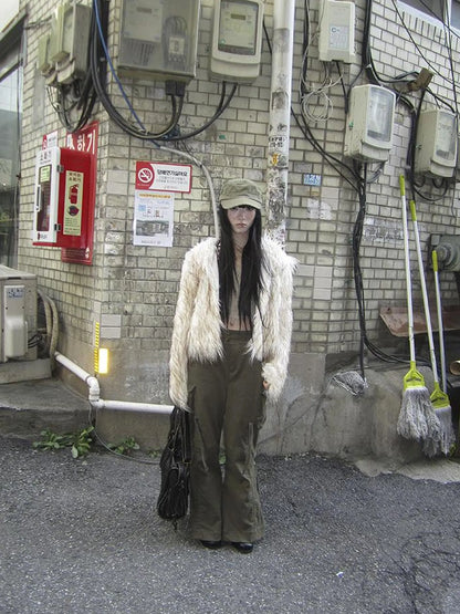 Light Winter Eco Fur Coat Women Color Block Design