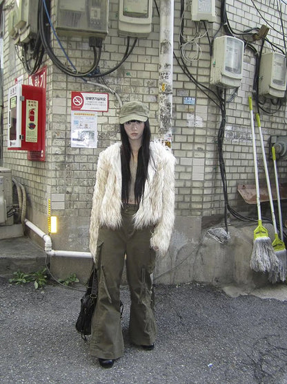 Light Winter Eco Fur Coat Women Color Block Design