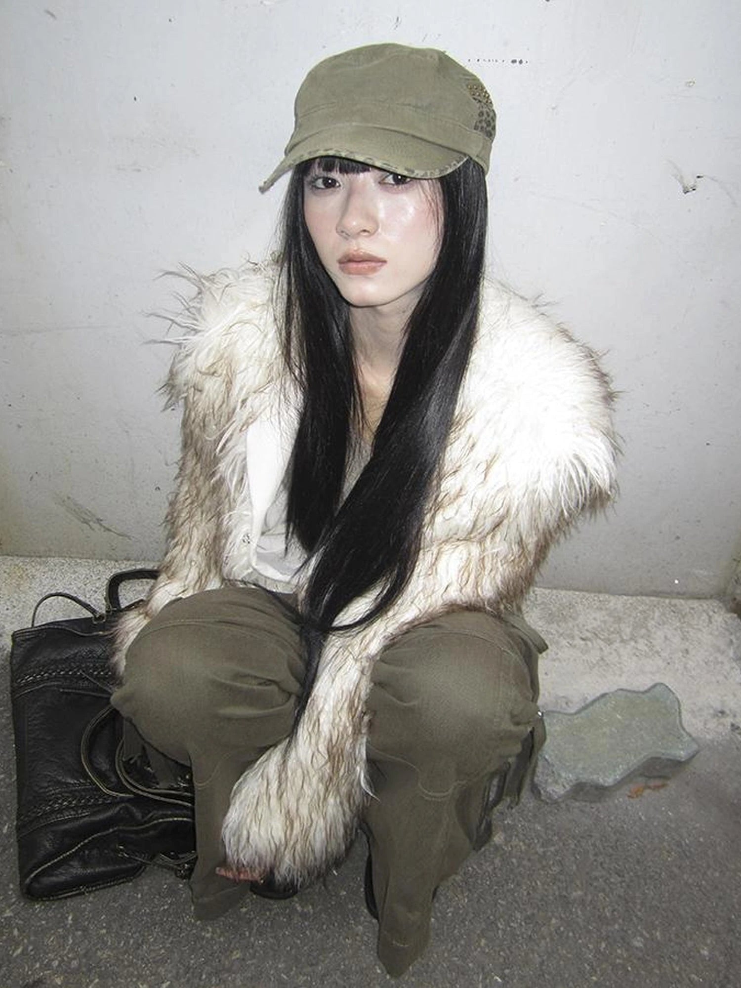 Light Winter Eco Fur Coat Women Color Block Design