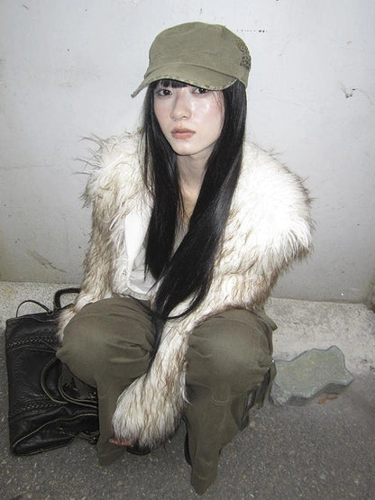 Light Winter Eco Fur Coat Women Color Block Design