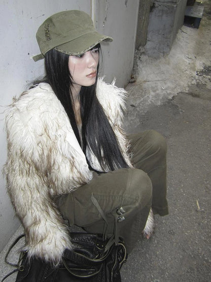 Light Winter Eco Fur Coat Women Color Block Design