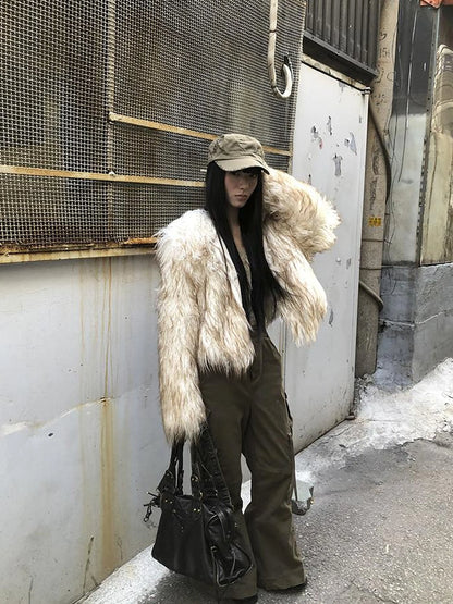 Light Winter Eco Fur Coat Women Color Block Design