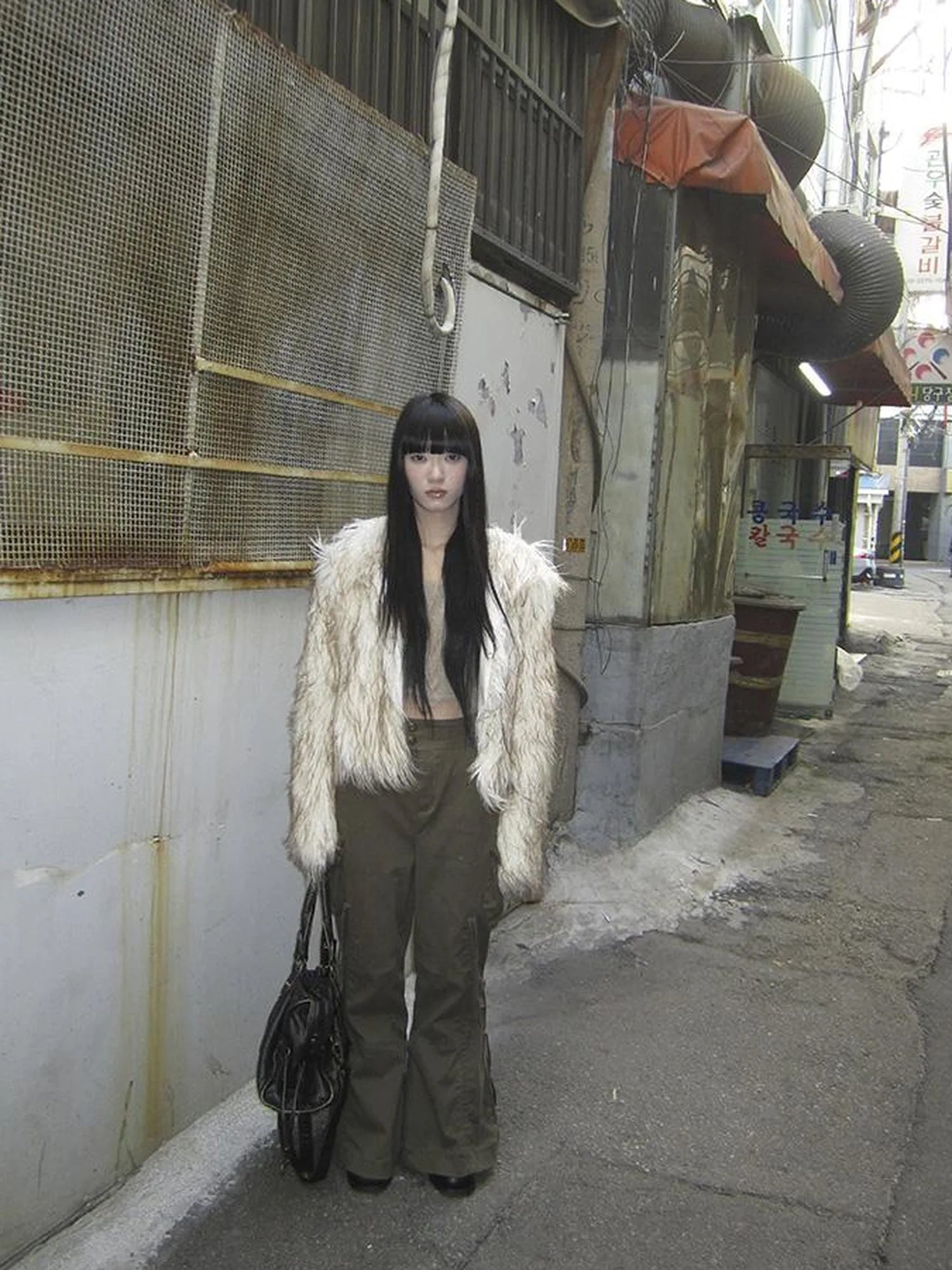 Light Winter Eco Fur Coat Women Color Block Design