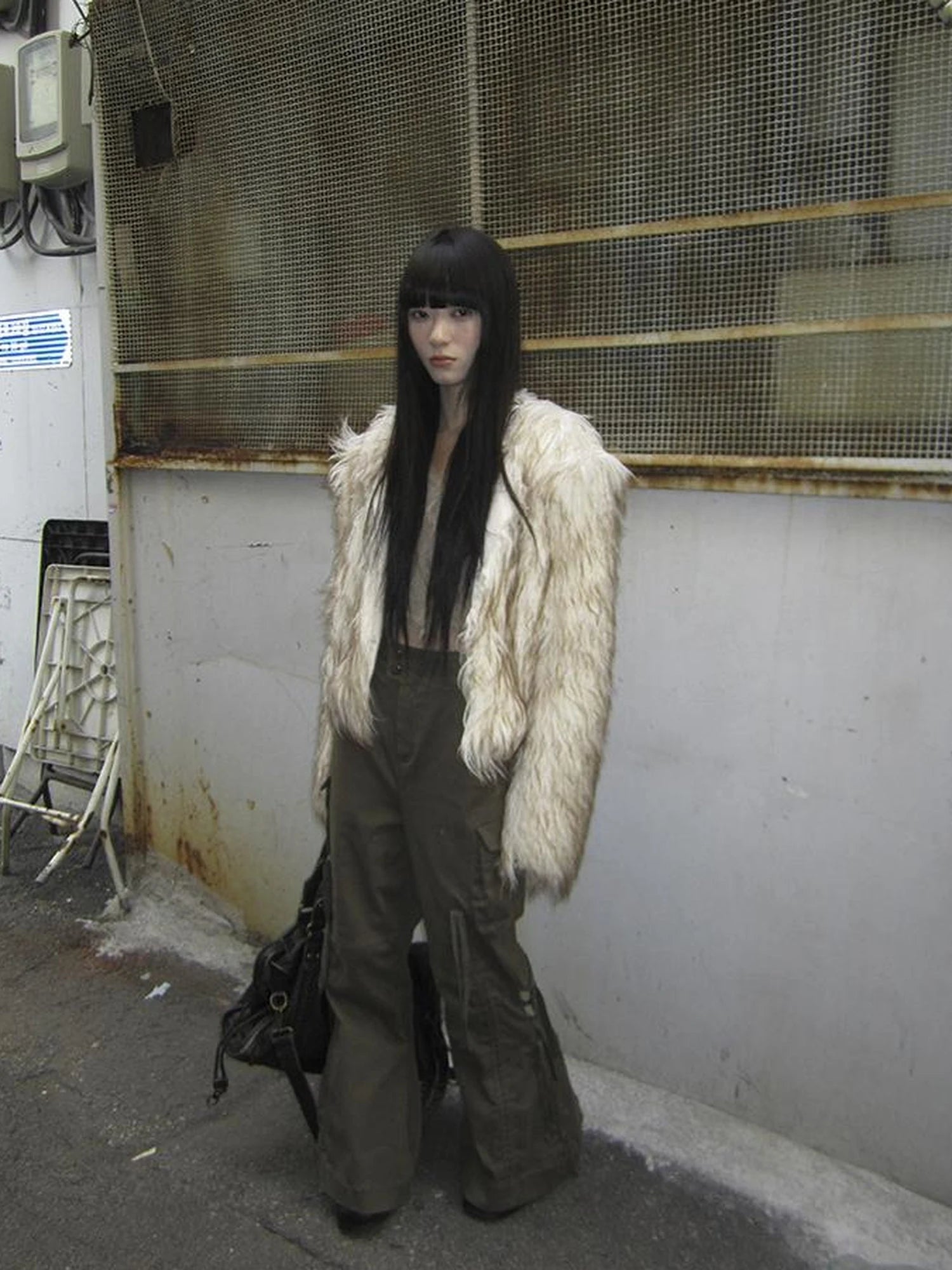 Light Winter Eco Fur Coat Women Color Block Design