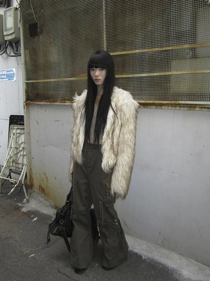 Light Winter Eco Fur Coat Women Color Block Design