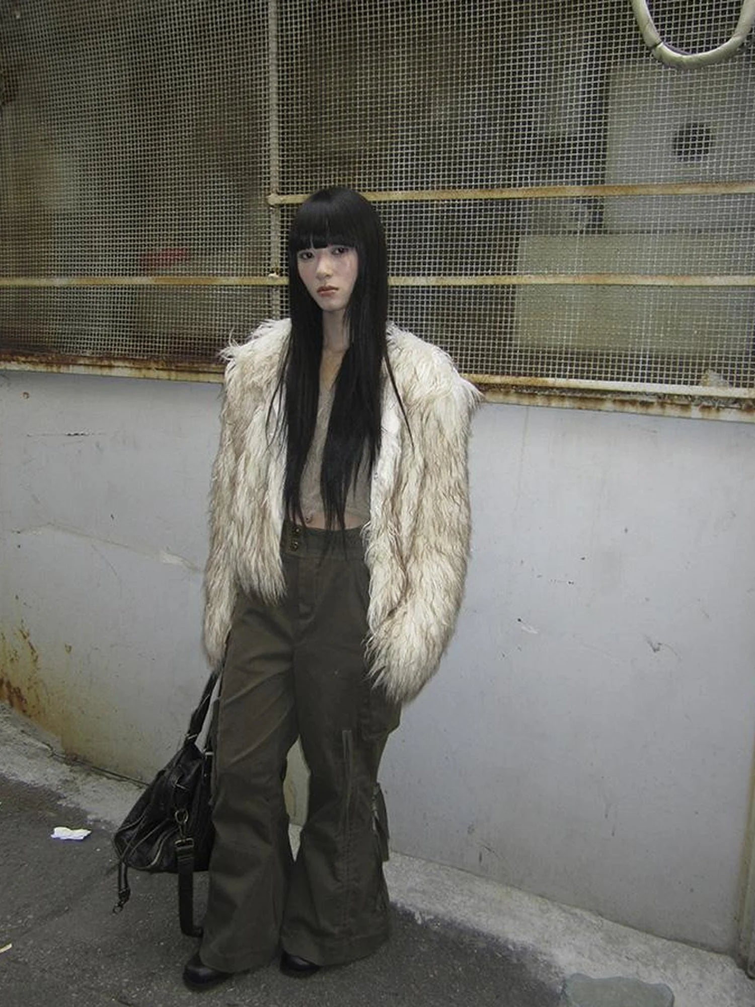 Light Winter Eco Fur Coat Women Color Block Design