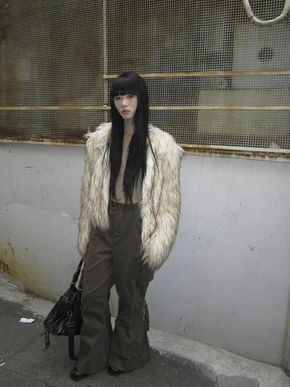 Light Winter Eco Fur Coat Women Color Block Design