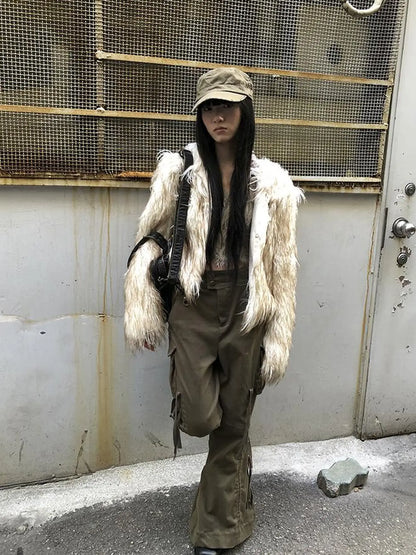 Light Winter Eco Fur Coat Women Color Block Design