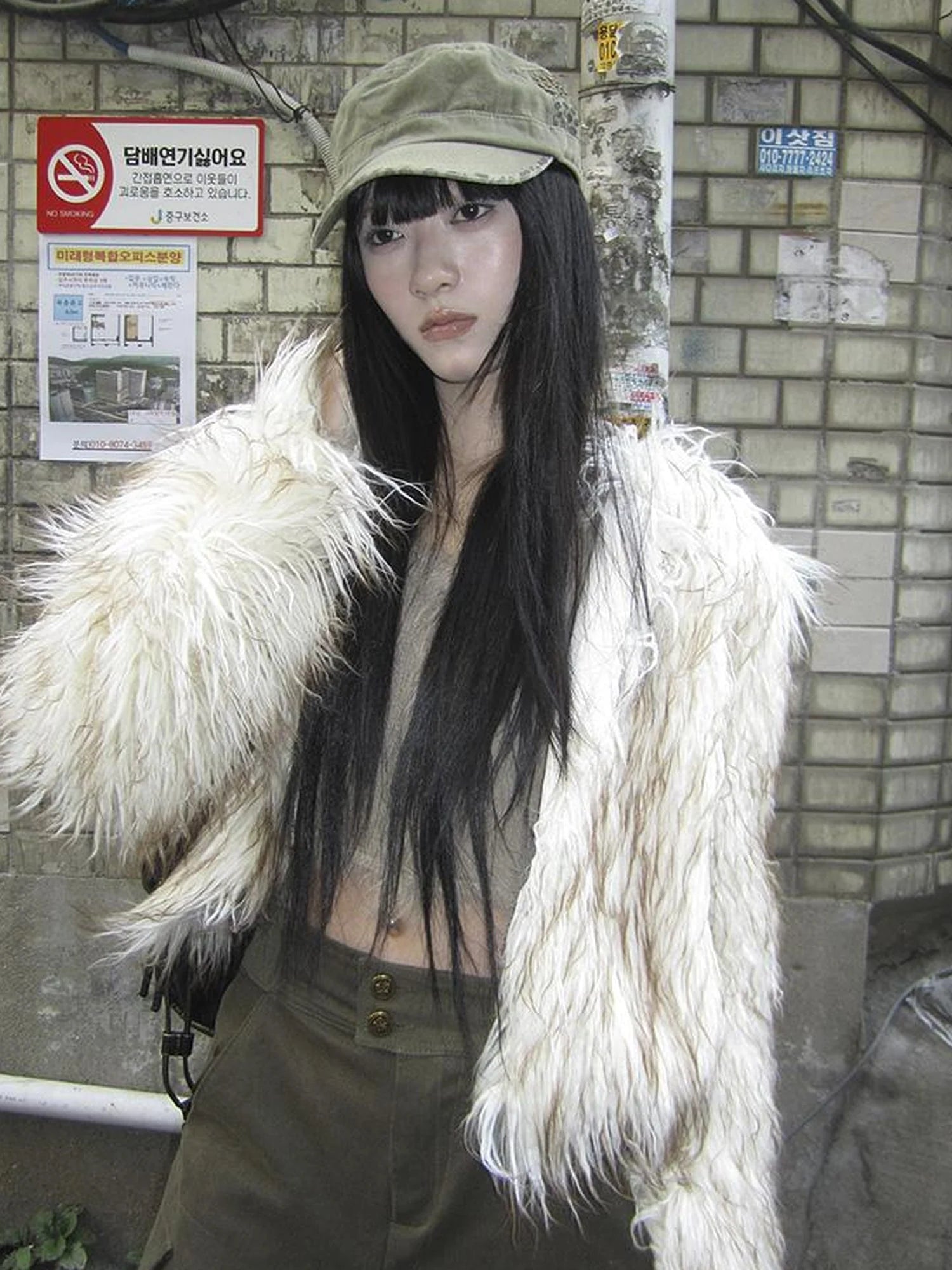 Light Winter Eco Fur Coat Women Color Block Design