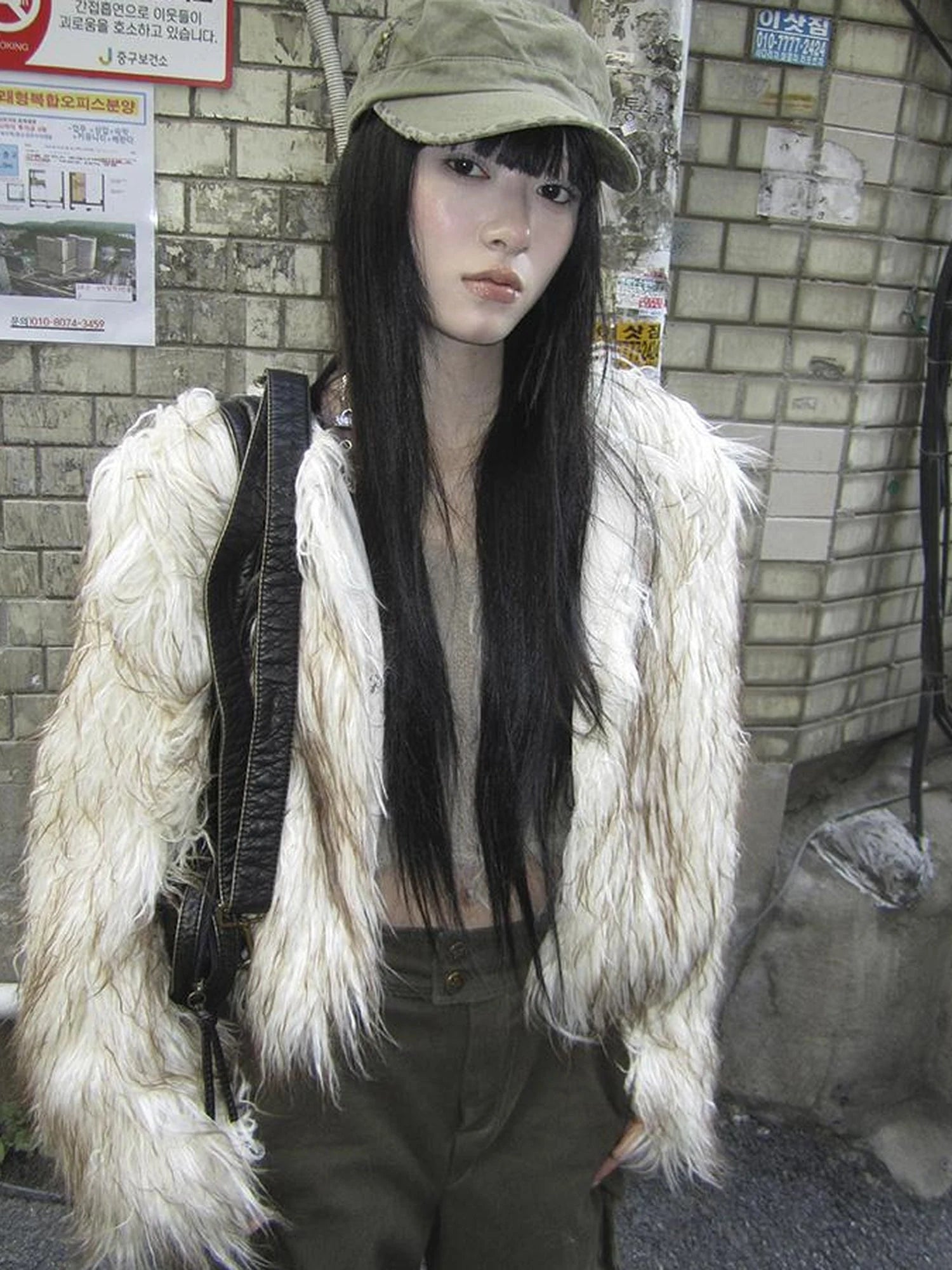 Light Winter Eco Fur Coat Women Color Block Design