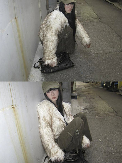 Light Winter Eco Fur Coat Women Color Block Design