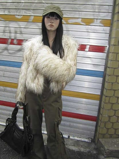 Light Winter Eco Fur Coat Women Color Block Design