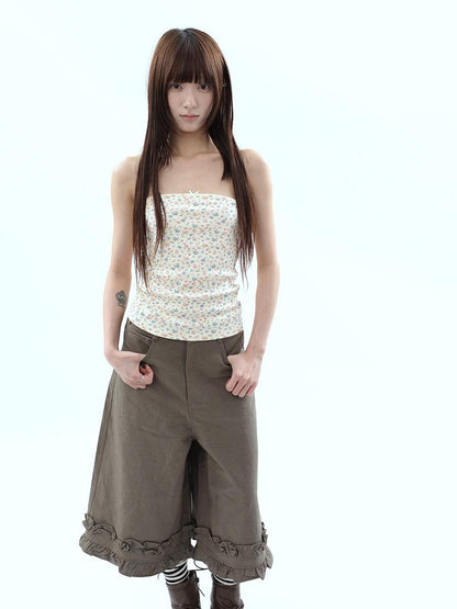 ang project Light Yellow Korean Floral Print Bow Cropped Slim Women&