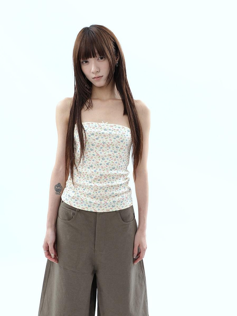 ang project Light Yellow Korean Floral Print Bow Cropped Slim Women&