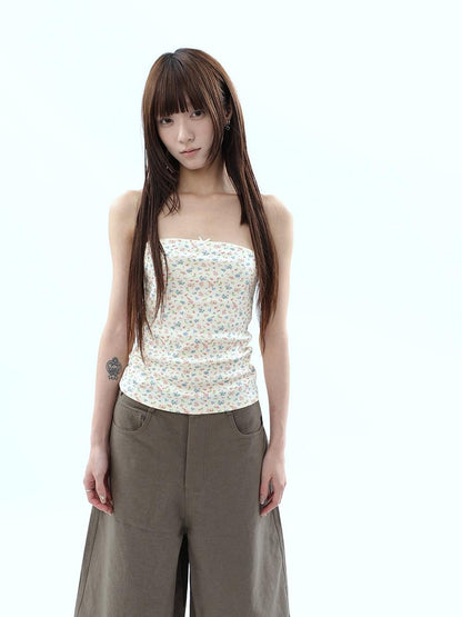 ang project Light Yellow Korean Floral Print Bow Cropped Slim Women&