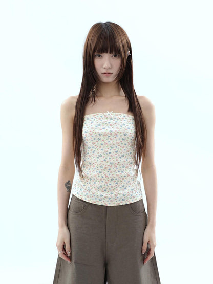 ang project Light Yellow Korean Floral Print Bow Cropped Slim Women&