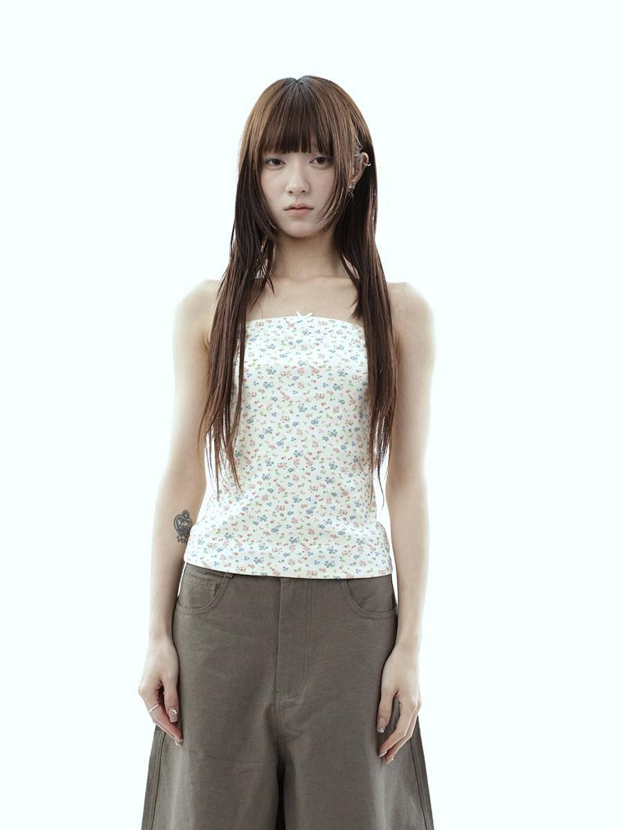 ang project Light Yellow Korean Floral Print Bow Cropped Slim Women&