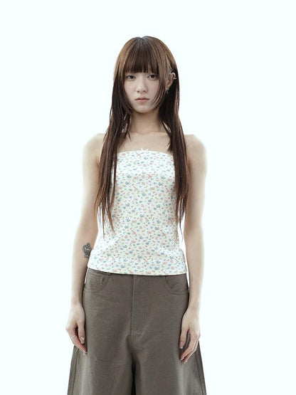ang project Light Yellow Korean Floral Print Bow Cropped Slim Women&