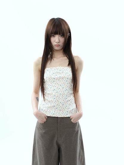 ang project Light Yellow Korean Floral Print Bow Cropped Slim Women&
