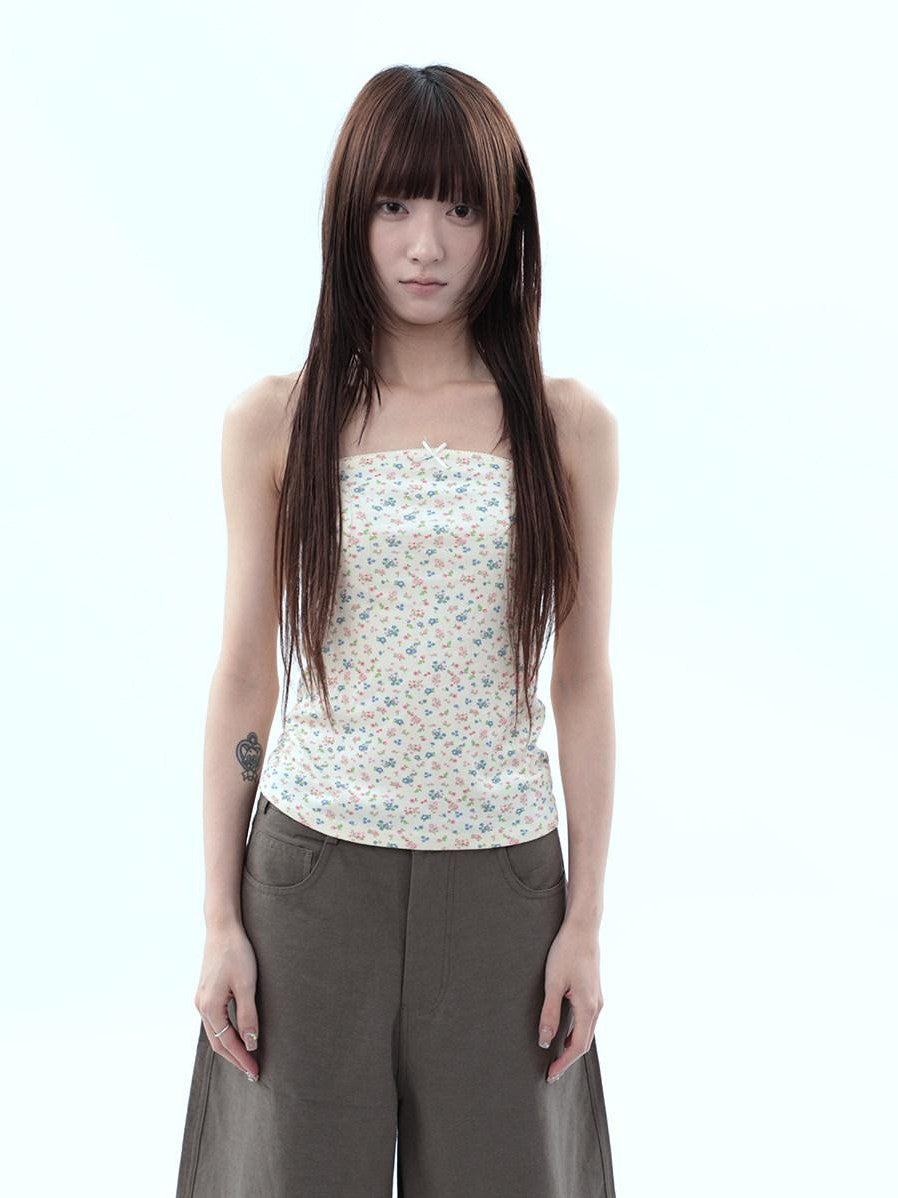 ang project Light Yellow Korean Floral Print Bow Cropped Slim Women&