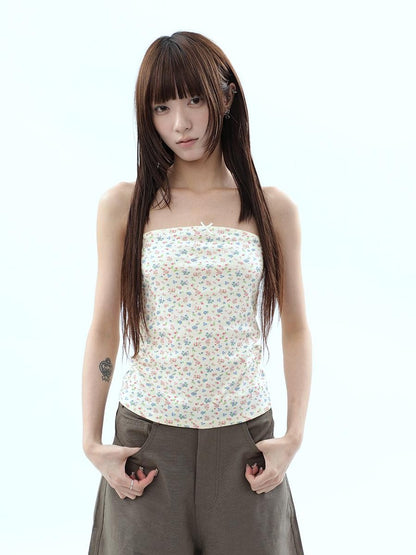 ang project Light Yellow Korean Floral Print Bow Cropped Slim Women&