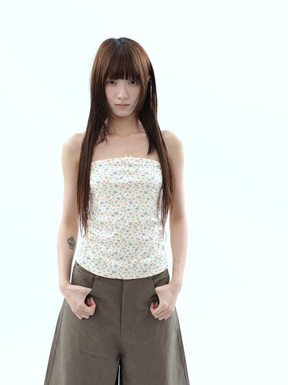 ang project Light Yellow Korean Floral Print Bow Cropped Slim Women&