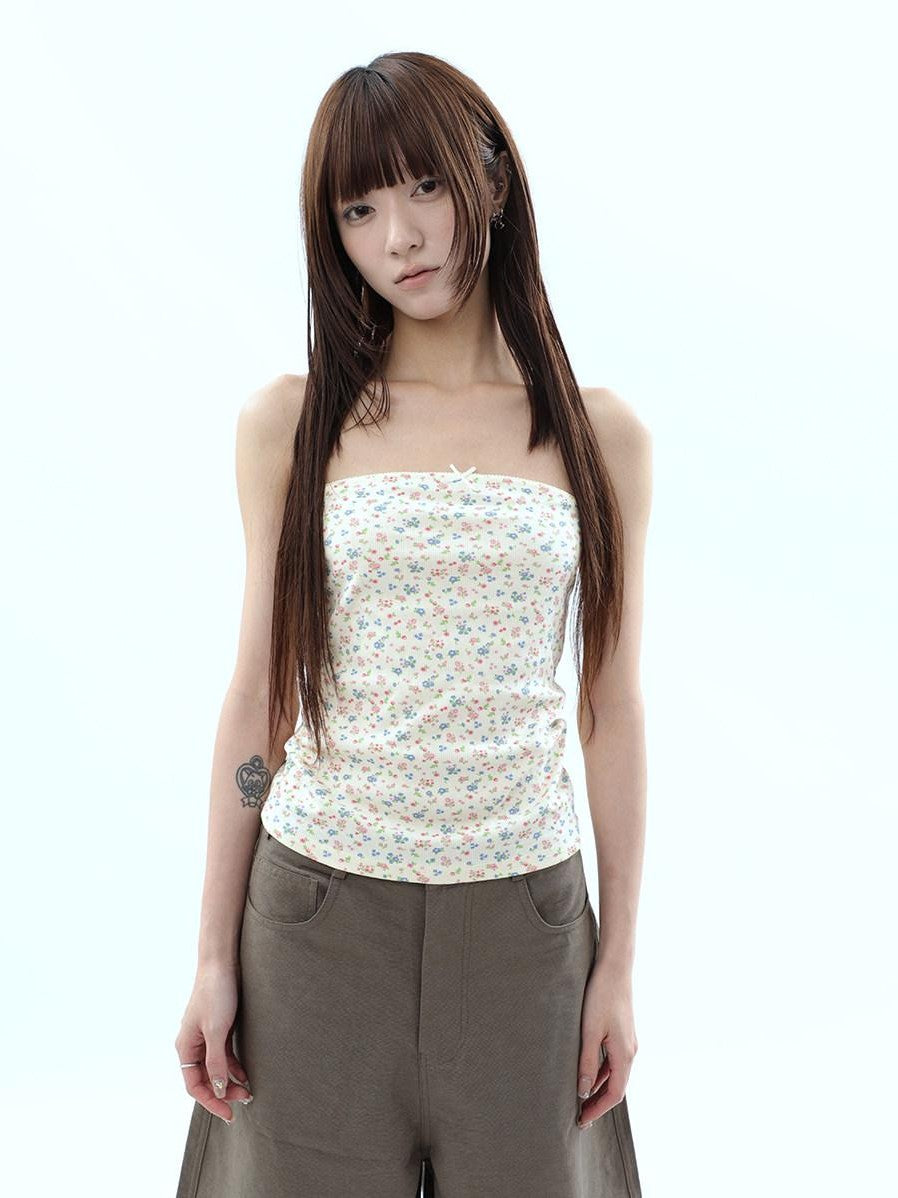 ang project Light Yellow Korean Floral Print Bow Cropped Slim Women&