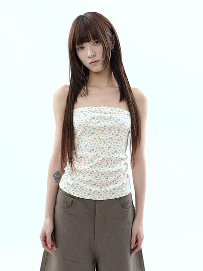 ang project Light Yellow Korean Floral Print Bow Cropped Slim Women&