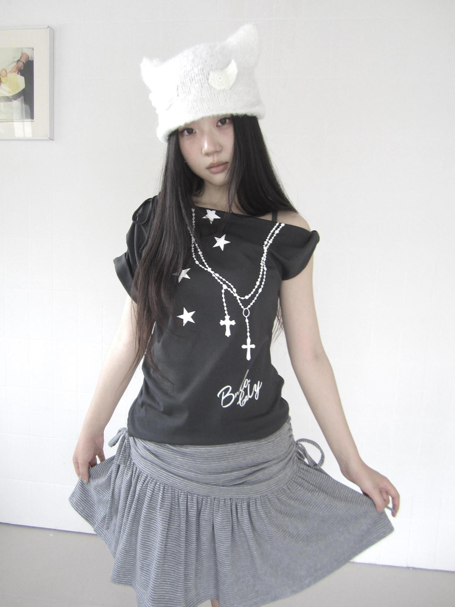 ang project Lightweight Asymmetric Star Print Lace Up Women&