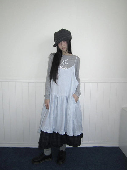 ang project Lightweight Polka Dot Print Layered Slip Dress V-neck T-shirt Long Sleeve Dresses