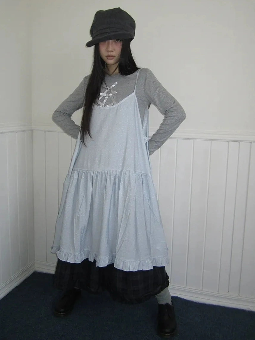 ang project Lightweight Polka Dot Print Layered Slip Dress V-neck T-shirt Long Sleeve Dresses