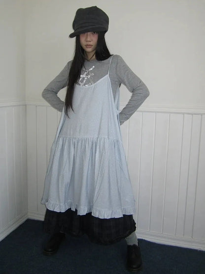 ang project Lightweight Polka Dot Print Layered Slip Dress V-neck T-shirt Long Sleeve Dresses