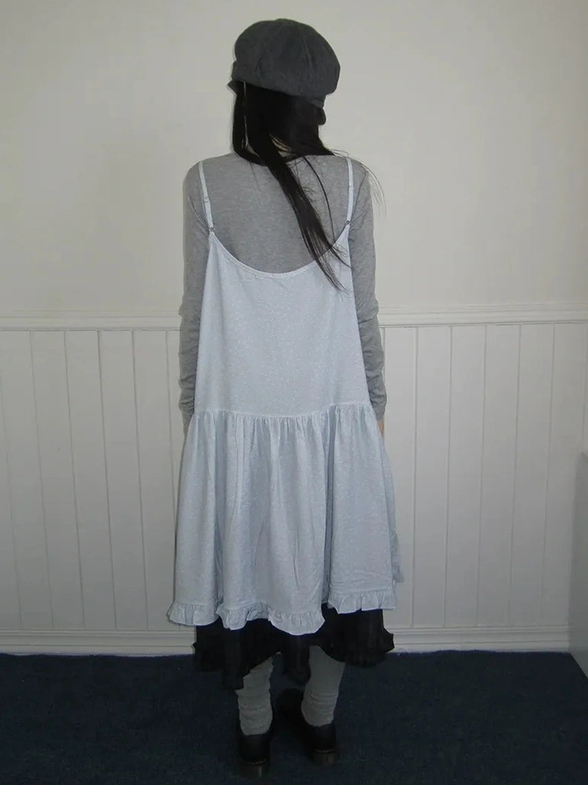 ang project Lightweight Polka Dot Print Layered Slip Dress V-neck T-shirt Long Sleeve Dresses