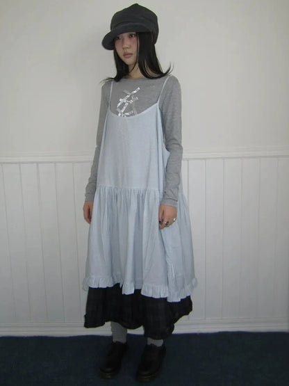 ang project Lightweight Polka Dot Print Layered Slip Dress V-neck T-shirt Long Sleeve Dresses