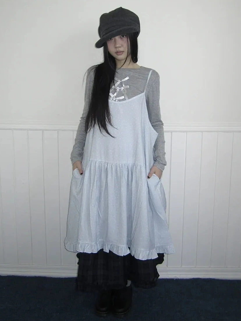 ang project Lightweight Polka Dot Print Layered Slip Dress V-neck T-shirt Long Sleeve Dresses