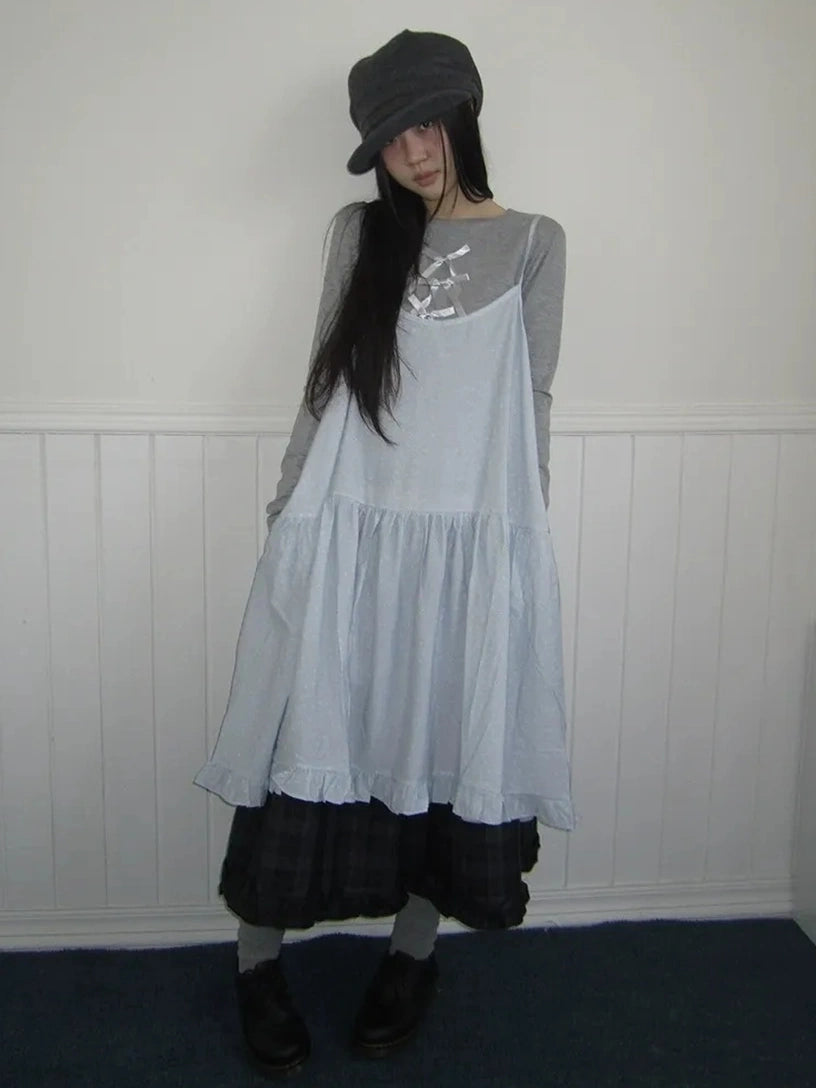 ang project Lightweight Polka Dot Print Layered Slip Dress V-neck T-shirt Long Sleeve Dresses