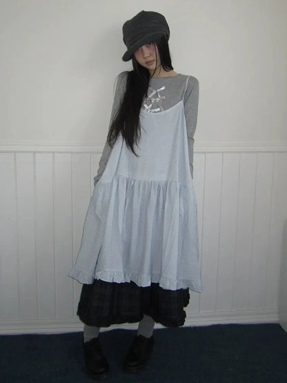 ang project Lightweight Polka Dot Print Layered Slip Dress V-neck T-shirt Long Sleeve Dresses