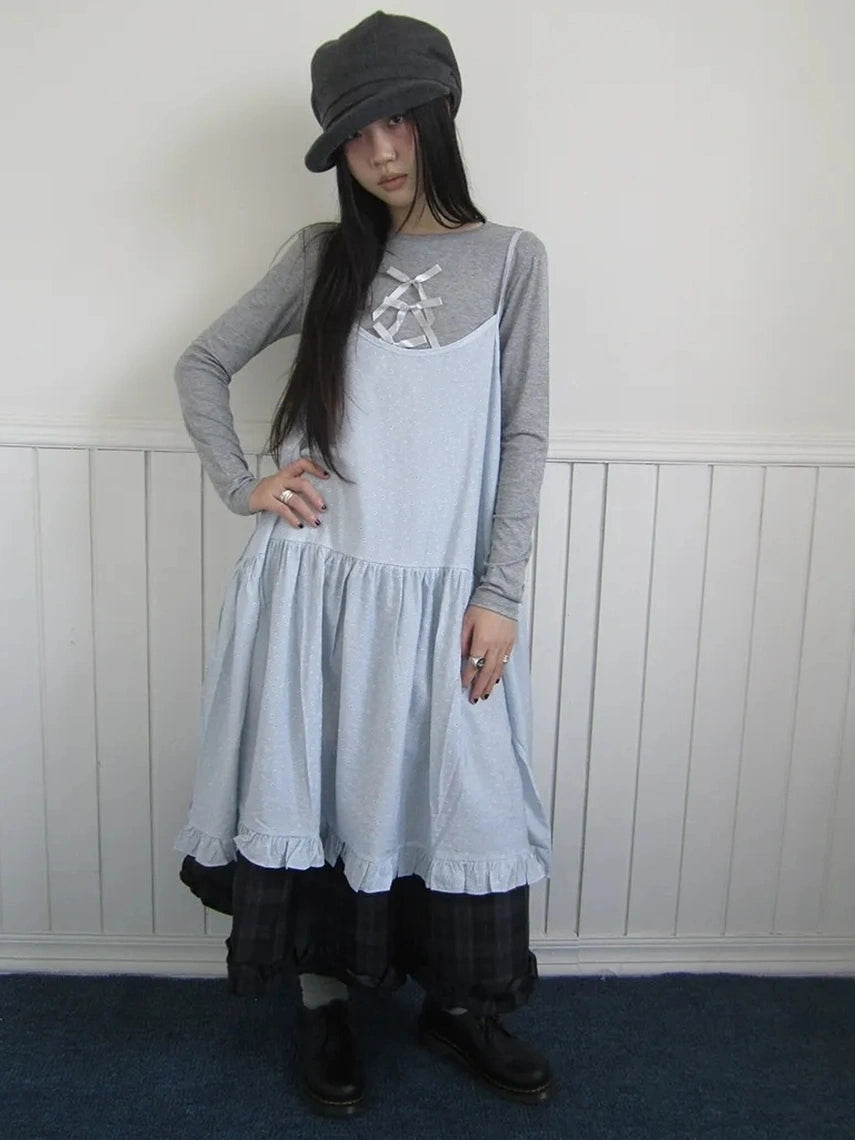 ang project Lightweight Polka Dot Print Layered Slip Dress V-neck T-shirt Long Sleeve Dresses