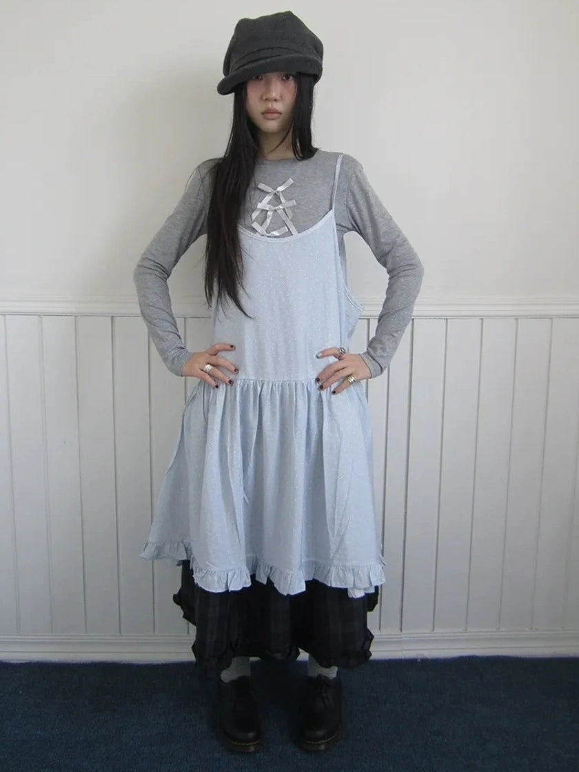 ang project Lightweight Polka Dot Print Layered Slip Dress V-neck T-shirt Long Sleeve Dresses