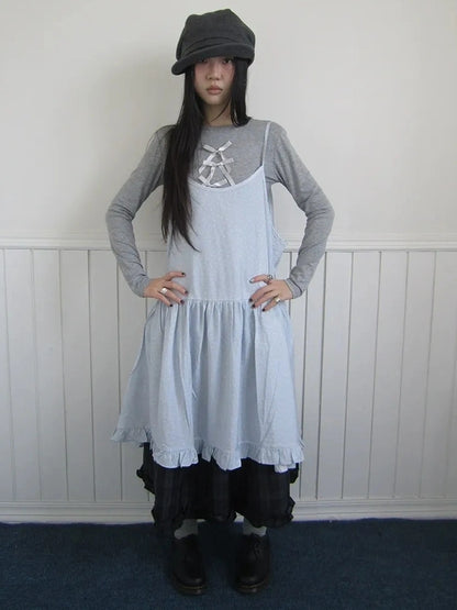 ang project Lightweight Polka Dot Print Layered Slip Dress V-neck T-shirt Long Sleeve Dresses