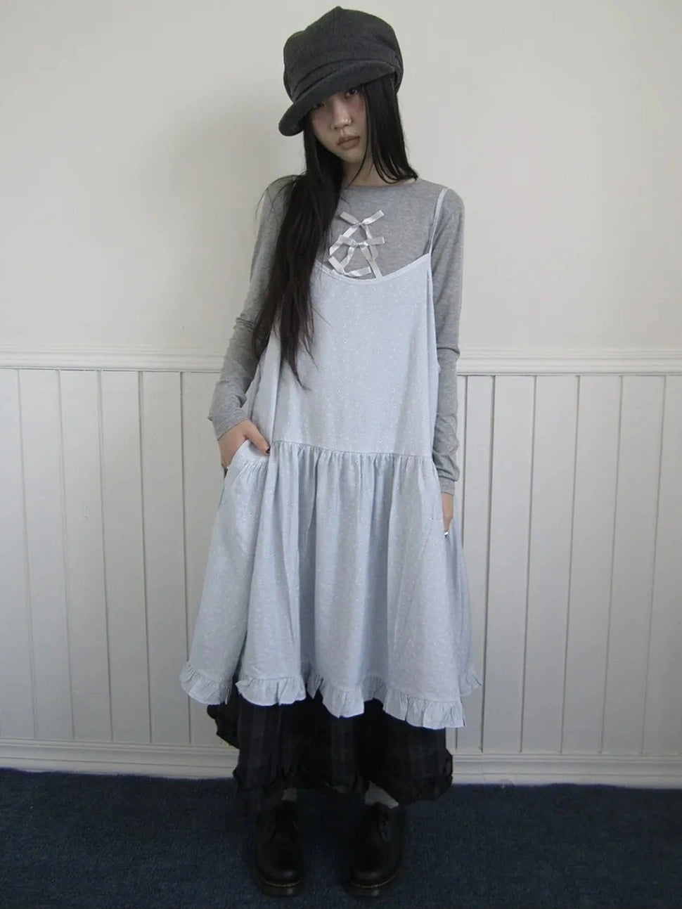 ang project Lightweight Polka Dot Print Layered Slip Dress V-neck T-shirt Long Sleeve Dresses